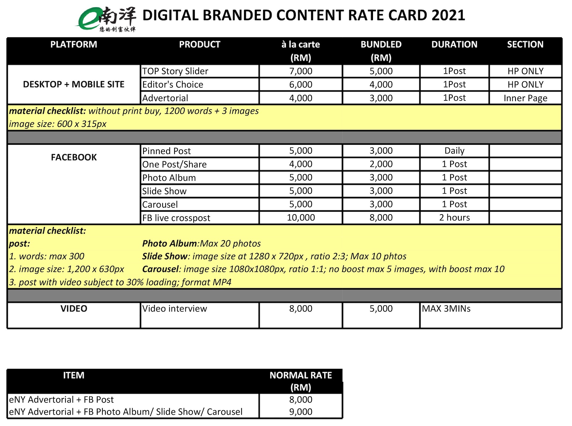 eNanyang Digital Branded Content Rate Card 2021