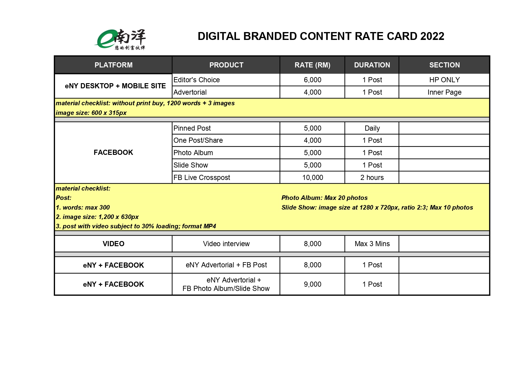 eNanyang Digital Branded Content Rate Card 2022