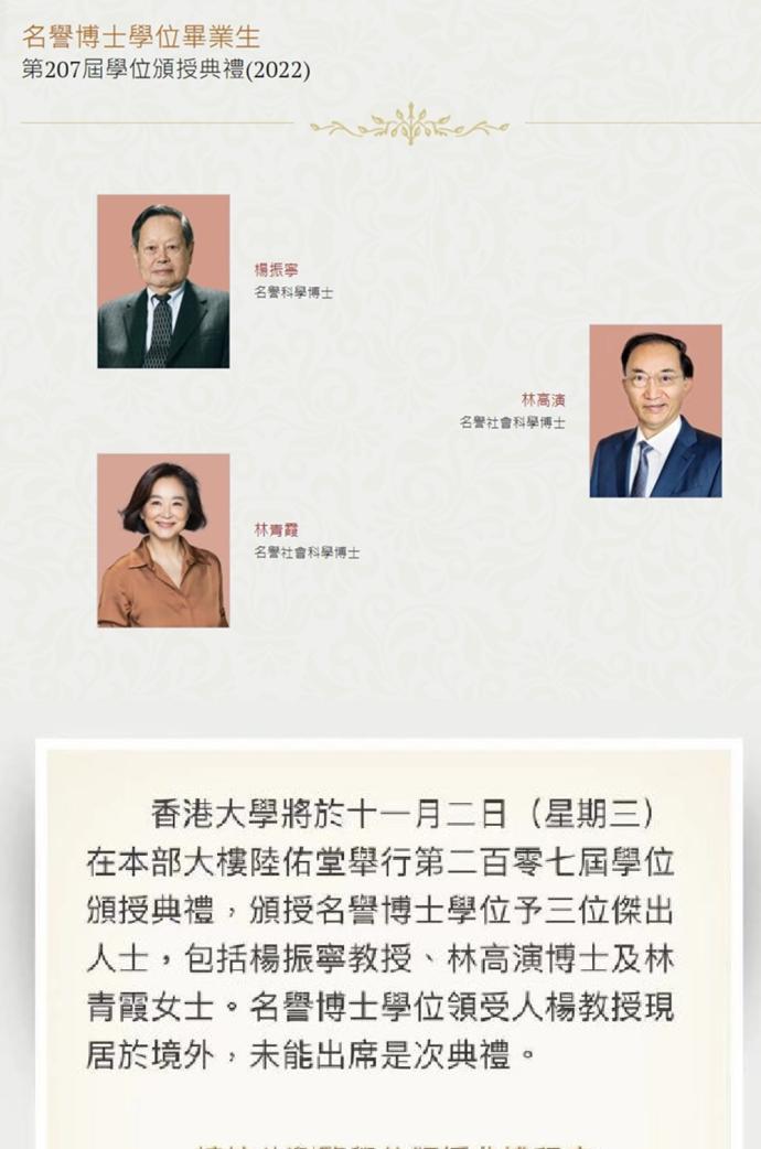 香港大学, 林青霞, 名誉博士, 杨振宁, 林高演, 谈心——与林青霞一起走过的十八年, 云去云来, 窗里窗外, 镜前镜后, 