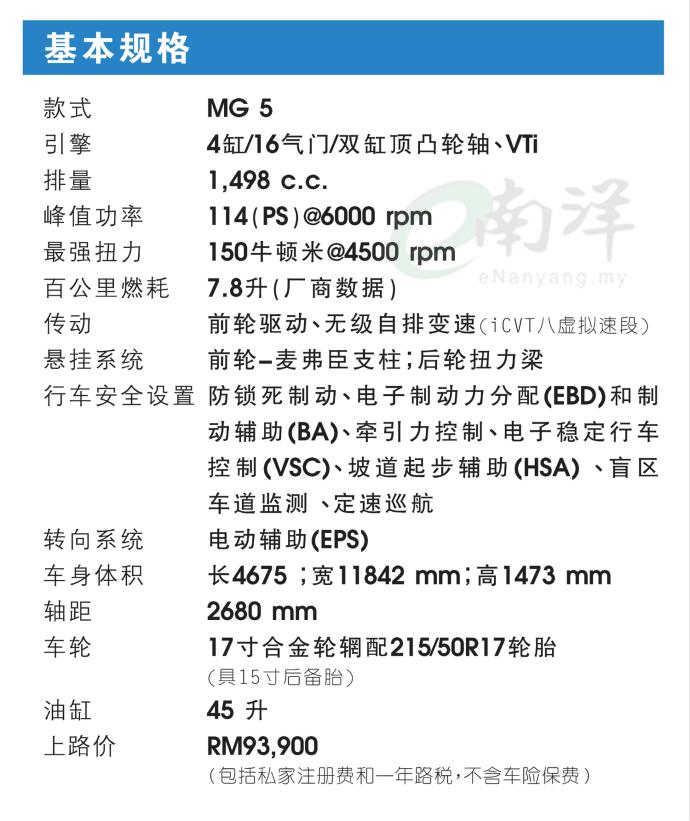 MG 5 基本规格